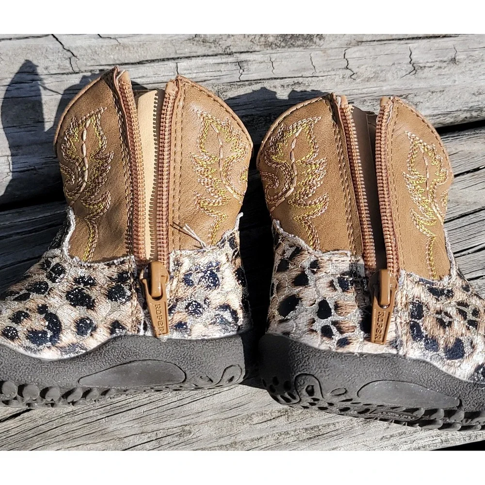Roper Infant Baby Girls Glitter Brown/Tan Leopard Poppet Boots Size 2-Round Toe